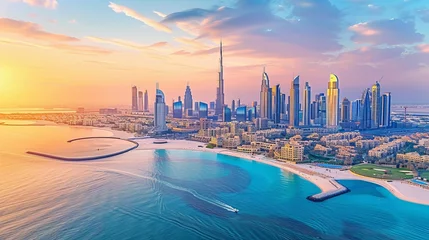 Foto op Plexiglas The city of Dubai is showcased at sunset, featuring its impressive city center skyline along with the famous Jumeirah beach, highlighting the beauty of the United Arab Emirates © Orxan