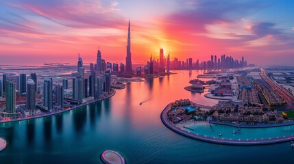 The city of Dubai is showcased at sunset, featuring its impressive city center skyline along with the famous Jumeirah beach, highlighting the beauty of the United Arab Emirates - obrazy, fototapety, plakaty