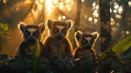 Naklejka premium Three lemurs perched on tree branch in jungle scenery