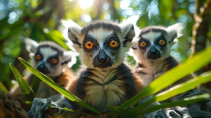 Naklejka premium Three lemurs sit in the jungle, gazing at the camera