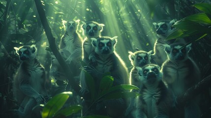 Naklejka premium Group of lemurs gather by a terrestrial plant in the jungle