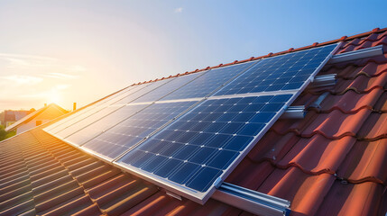 solar panels, photovoltaics on red roof tiles of house with sunlight.