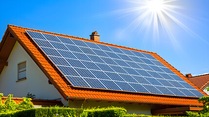 solar panels, photovoltaics on red roof tiles of house with sunlight.