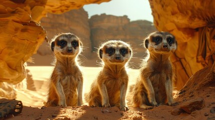 Three meerkats sit in desert cave, adapting to arid ecoregion landscape - obrazy, fototapety, plakaty