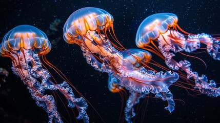 Electric blue jellyfish, bioluminescent marine organisms, swim in the ocean