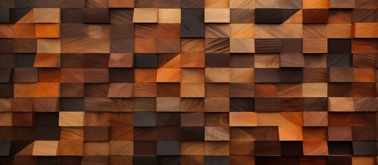 A closeup of a wooden wall constructed with brown rectangular wooden squares. The flooring has a beige wood stain, showcasing the hardwood building material in a beautiful pattern