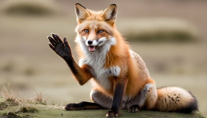 A Fox With Its Paw Raised To Groom Itself