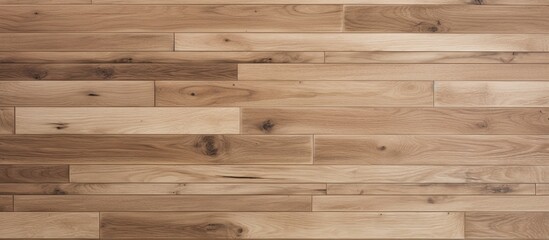 A closeup shot of a brown hardwood floor with a blurred background. The rectangle planks are...