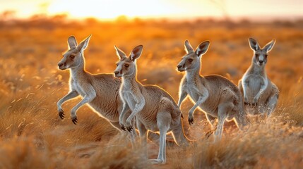 Herbivorous kangaroos hop across grassy meadows at sunset