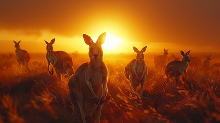 A herd of kangaroos bounding across a grassy plain at sunset