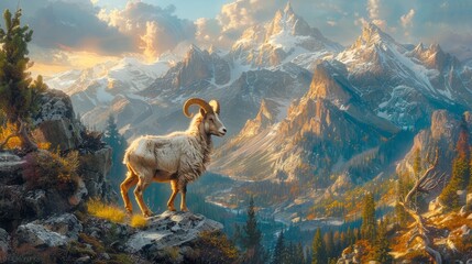 Artistic painting of a goatantelope standing on a mountain peak - obrazy, fototapety, plakaty