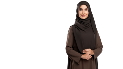 Portrait of a smiling young Arab woman wearing headscarf, isolated on transparent background