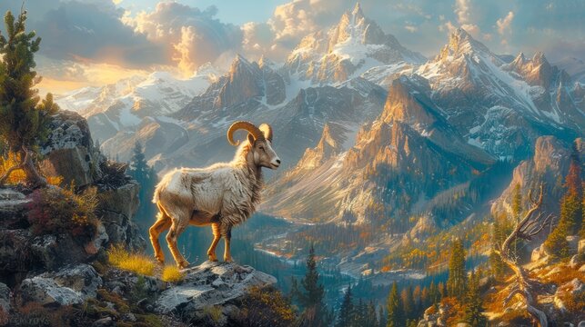 Artistic painting of a goatantelope standing on a mountain peak