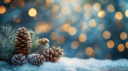 Festive Winter Table with Snowy Fir Branches and Abstract Lights - Powered by Adobe