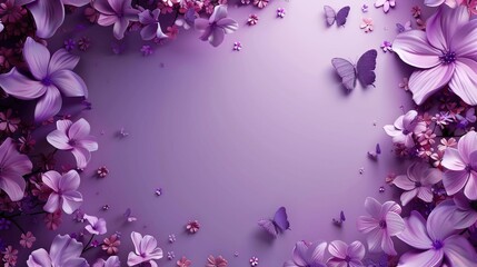 Purple flowers and butterflies fill the background.