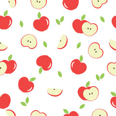 Vector apples seamless pattern. Whole apples and slices with leaves on white background. Abstract repeated backgrounds for paper cover fabric gift wrap wall art interior decorations or for any else.