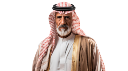 Portrait of a senior old Saudi man wearing traditional Arab clothes with serious expression, isolated on transparent background