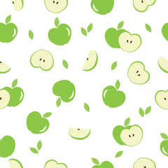 Vector green apples seamless pattern. Whole apples and slices with leaves on white background. Repeatable backgrounds for paper cover fabric gift wrap wall art interior decorations or for any else.