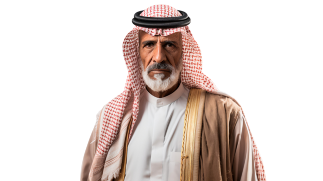 Portrait of a senior old Saudi man wearing traditional Arab clothes with serious expression, isolated on transparent background