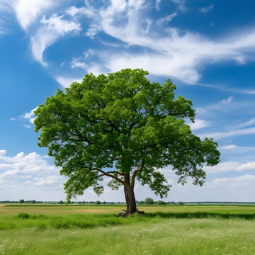 Majestic Elm Tree Dominating a Serene Green Landscape under a Clear Blue Sky