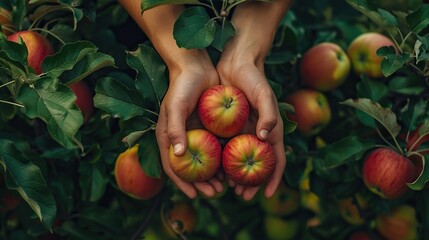 Hands holding freshly picked apples in an orchard, against a lush green apple tree backdrop - obrazy, fototapety, plakaty