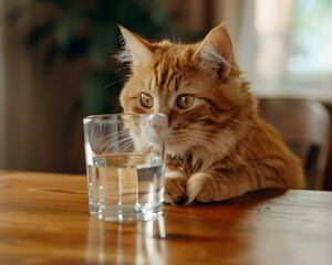 Katze beobachtet ein Glas Wasser auf dem Tisch / Katzen Wallpaper / Haustier Poster / Ai-Ki generiert