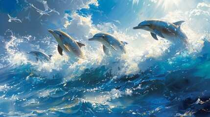 Common dolphins leaping from liquid into the air in a natural marine landscape