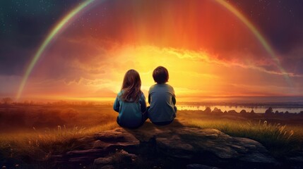 Two kids sit on ground, enjoying sunset and rainbow in countryside, Ai Generated