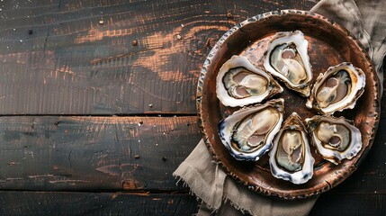 Opened Oysters on metal copper plate on dark wooden background - obrazy, fototapety, plakaty