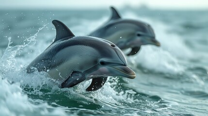 Two common dolphins leaping in their natural ocean habitat
