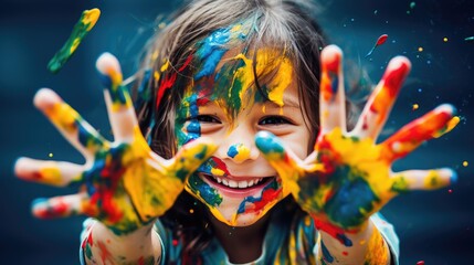Child's hands delightfully adorned with colorful paint splatters, Ai Generated.