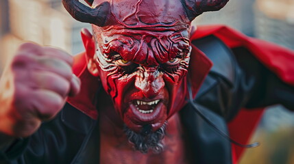 Der Teufel zieht in den Kampf / Aggresiver Teufel / Teufel Poster / Ai-Ki generiert - obrazy, fototapety, plakaty