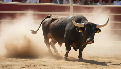Foto op Plexiglas A Bull Kicking Up Dust In A Bullfight © Faakhira
