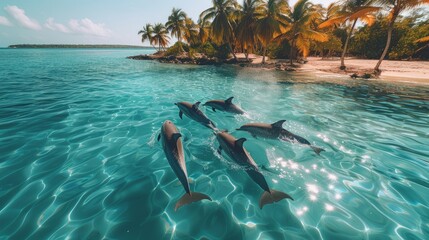 Dolphins gracefully swim in the water near the beach