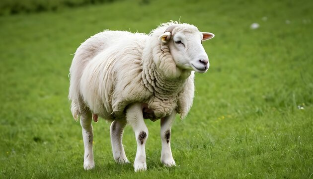 A Fluffy White Sheep Grazing In A Green Meadow