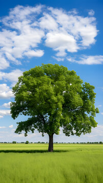 Majestic Elm Tree Dominating a Serene Green Landscape under a Clear Blue Sky