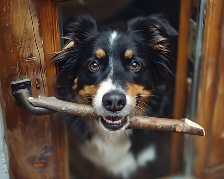 Hund mit Stock im Maul Illustration - Lustiges Hunde Bilde - Sch&ouml;nes Tier Wallpaper