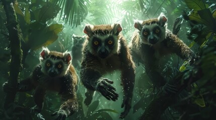 Naklejka premium Three lemurs roam the jungle, their fur blending with the darkness of the trees