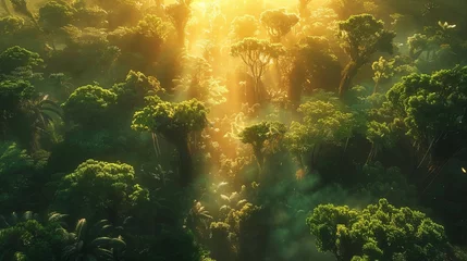 Poster Sunlight filtering through jungle trees creating a beautiful natural landscape © yuchen