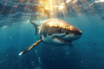 A Lamnidae shark, known as a great white shark, prowls the oceans fluid depths with its sleek fin cutting through the water - obrazy, fototapety, plakaty