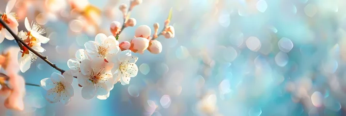Wandcirkels tuinposter Beautiful floral spring abstract background of nature. Branches of blossoming apricot macro with soft focus on gentle light blue sky background. For easter and spring greeting cards with copy space.  © Ziyan