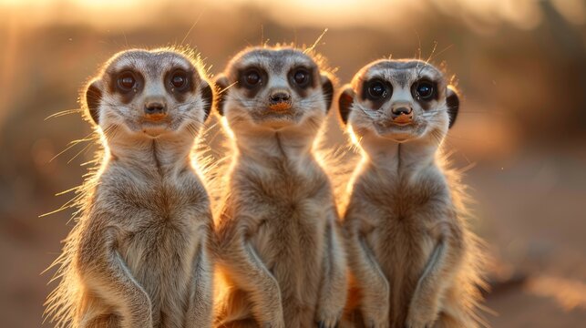 Three meerkats huddled together in the desert, their fur glistening in the light