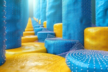 A row of azure and liquid yellow foam blocks create a maze in the room, resembling an art piece...