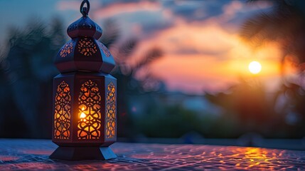Eid al-Fitr Ornamental Arabic Lantern with Glowing Candle During Muslim Holy Month of Ramadan Kareem Evening
