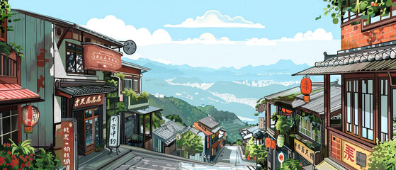 Jiufen Old Street Discovery: Historical Alleys, Tea Houses, and Panoramic Views - obrazy, fototapety, plakaty