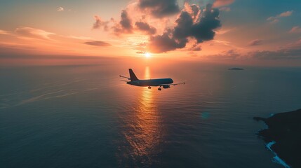 The image captures an airplane soaring above a tropical sea as the sun sets, creating a serene travel scene