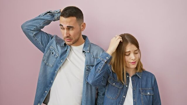 Beautiful couple in denim shirts puzzled, standing over pink background, thinking deep in doubt - a visual of uncertain love, questioning your relationship?