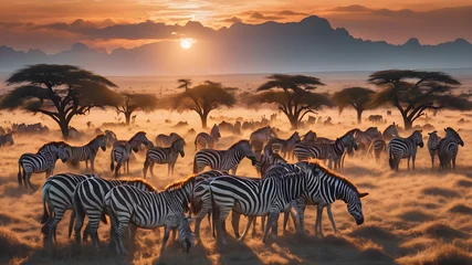 Papier Peint photo autocollant Zèbre zebras at sunset