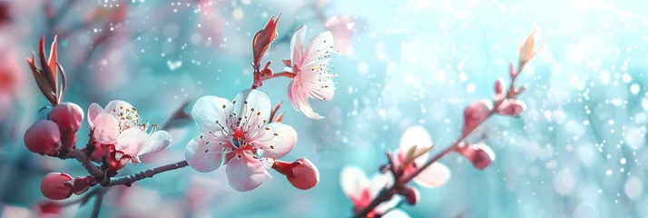 Foto op Aluminium Beautiful floral spring abstract background of nature. Branches of blossoming apricot macro with soft focus on gentle light blue sky background. For easter and spring greeting cards with copy space.  © Ziyan
