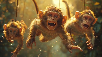 Primate group hanging from tree branch, having fun in wildlife event - obrazy, fototapety, plakaty